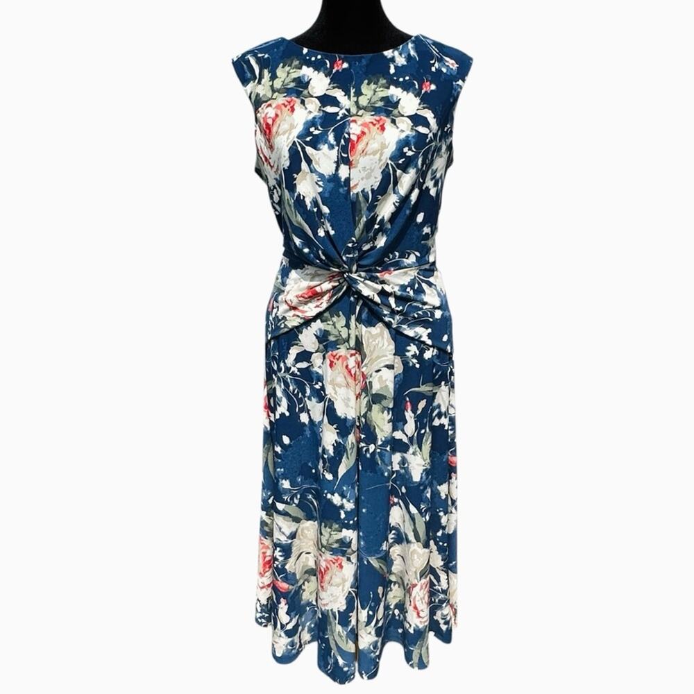 Ralph Lauren Midi Dress Blue Floral Twist Front Stretch Jersey Wedding Guest 6 - Picture 5 of 14